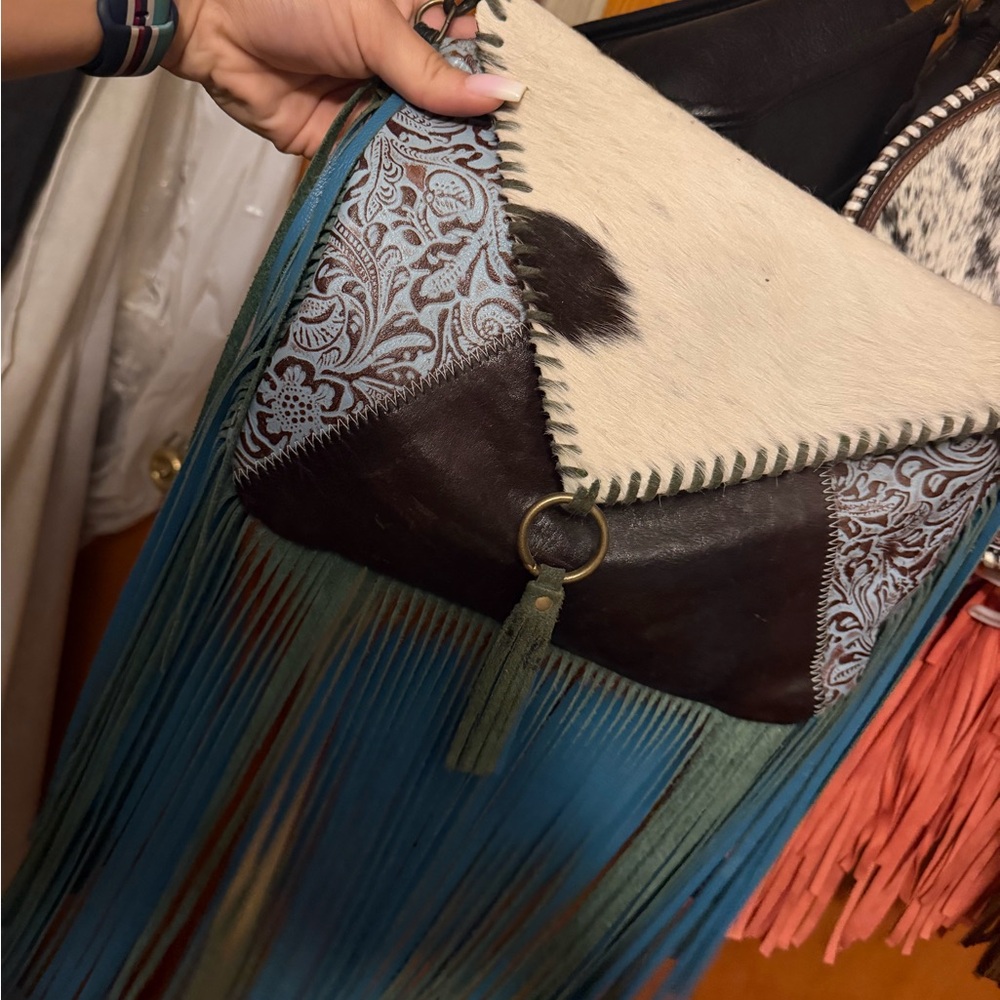 Myra Bag Blue, Brown, Cream Boho Fringe Crossbody